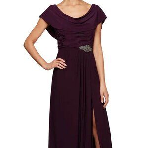 Alex Evenings Eggplant Purple Cowl Neck Beaded Waist Gown